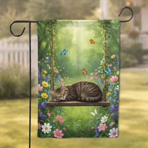Sleeping Tabby Cat Wooden Swing Butterfly Wildflower - Cat Lover Spring Home Decor Garden Flag