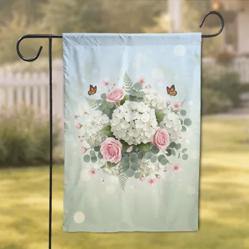 Blooming White Hydrangea Pink Rose Eucalyptus Fern Dew Drop Butterfly Home Decor Gift Garden Flag