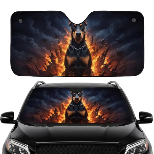 Watchful Doberman Pinscher Fiery Flames - Car Interior Upgrade for Doberman Lovers Car Sunshade
