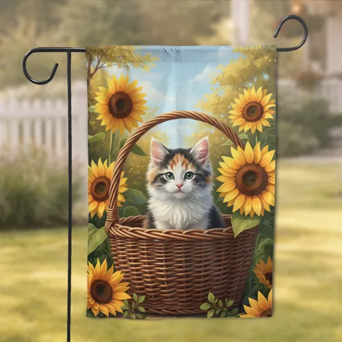 Fluffy Calico Kitten Wicker Basket Sunflowers - Home Decor Gift for Cat Lover Garden Flag