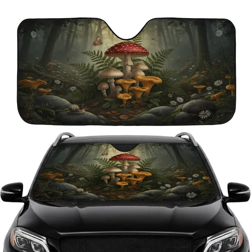 Wild Forest Mushrooms Fern Undergrowth Twilight - Road Trip Travel Essentials Car Sunshade
