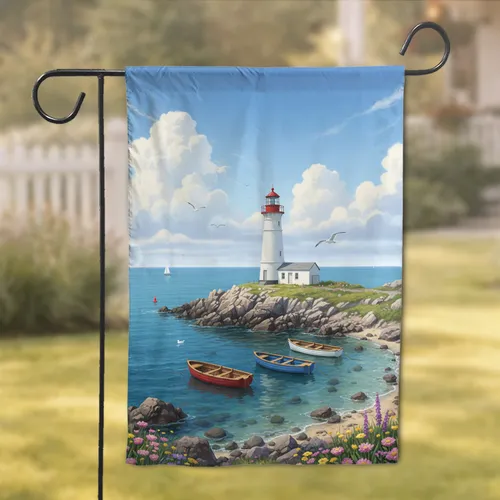 White Lighthouse Red Cap Ocean Scene - Coastal Home Decor Gift Garden Flag