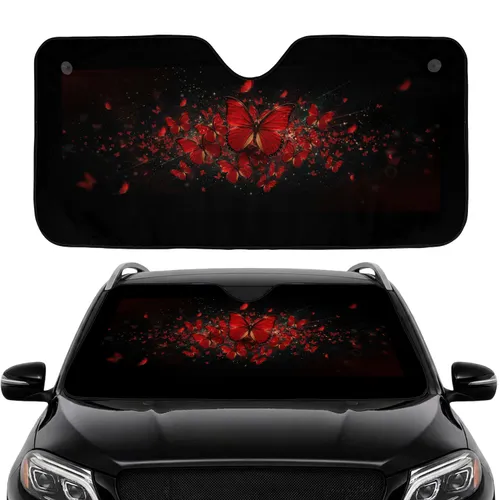 Ethereal Glow Red Butterfly Swarm Deep Black Background For Travel Car Interior Upgrade Car Sunshade