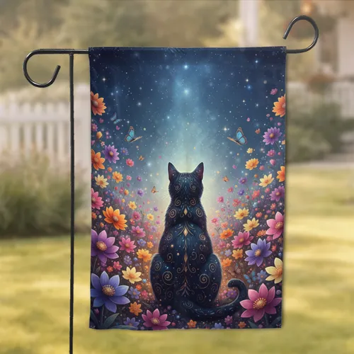 Mystical Black Cat Flower Meadow Night Sky - Home Decor Gift for Cat Lover Garden Flag