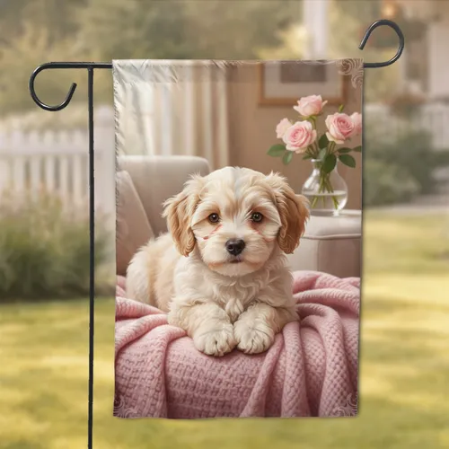 Maltipoo Puppy Cream Fur Pink Blanket Roses Home Interior - Home Decor Gift for Dog Owners Garden Flag