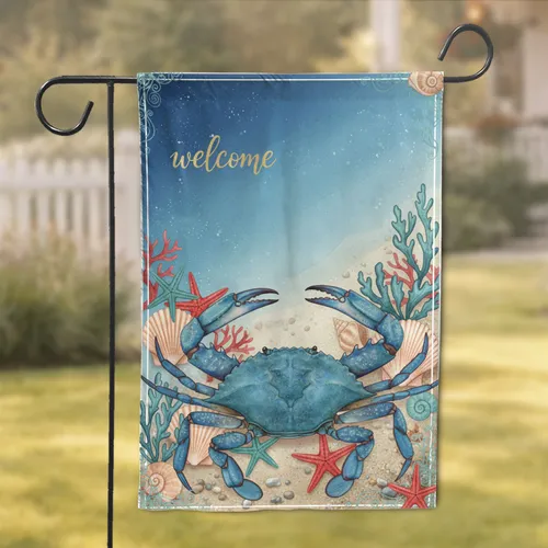 Welcome Cerulean Blue Crab Seashell Starfish Coral - Coastal Home Decor Gift Garden Flag