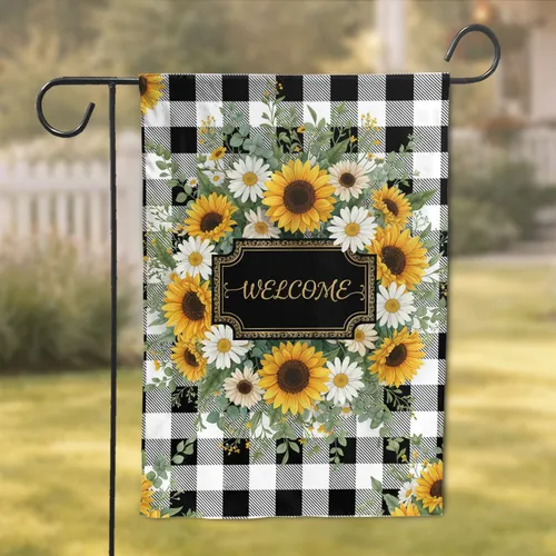 Welcome Golden Script Sunflowers Daisies Buffalo Plaid - Farmhouse Home Decor Garden Flag