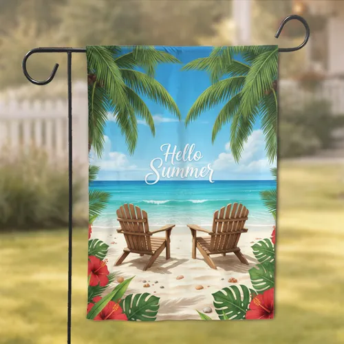 Adirondack Chairs Ocean Beach Hello Summer Tropical Scene - Summer Getaway Home Decor Garden Flag