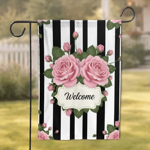 Pink Rose Welcome Plaque Black White Stripes - Home Entryway Decor Garden Flag