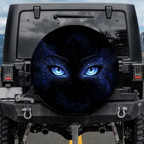Luminous Electric Blue Feline Eyes Starlight Cosmic Void - Mysterious Space Traveler Gift Spare Tire Cover