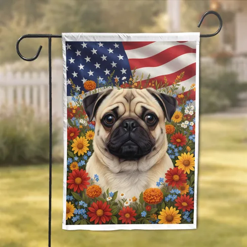 Fawn Pug American Flag Floral - Patriotic Home Decor Gift for Pug Lovers Garden Flag