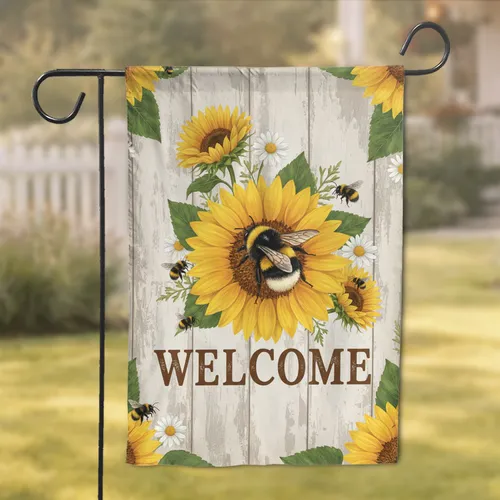 Bumblebee Sunflower Welcome Daisies Rustic Wood - Farmhouse Home Decor Gift Garden Flag