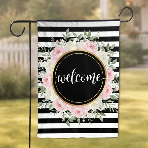Black Stripe Welcome Emblem Peony Rose Floral Wreath Home Decor Gift Garden Flag