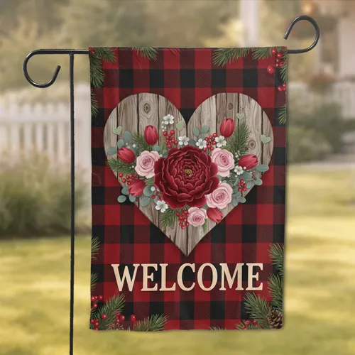 Welcome Rustic Wooden Heart Buffalo Plaid Winter Peony Rose Tulips - Home Decor Gift Garden Flag