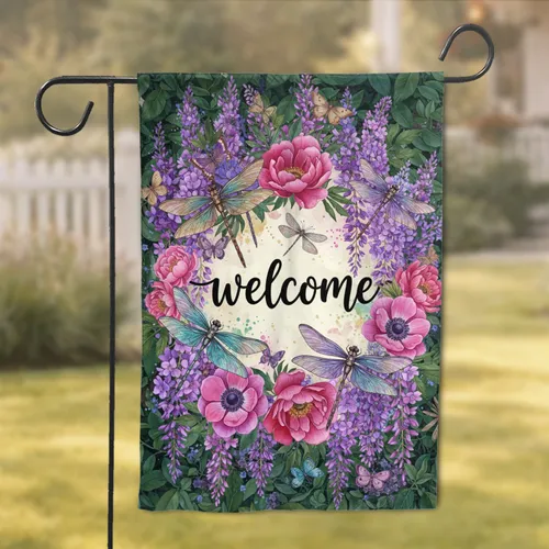 Dragonflies Butterflies Welcome Lavender Peony Garden Flowers - Nature Home Decor Gift Garden Flag