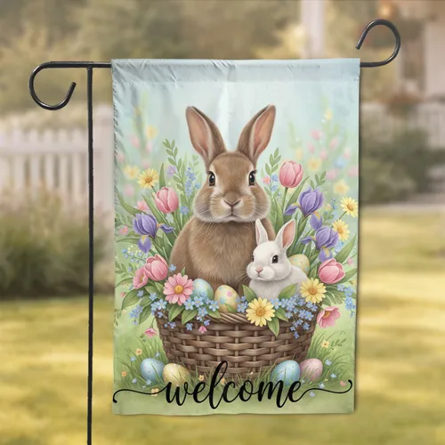 Rabbits Spring Flowers Welcome Easter Eggs - Spring Home Decor Gift for Rabbit Lovers Garden Flag