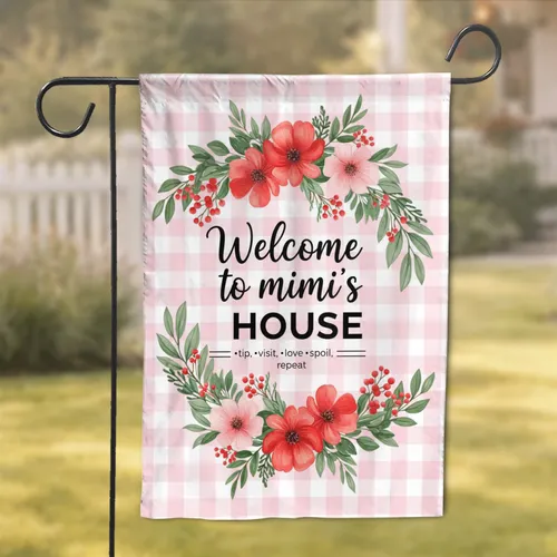 Welcome Mimi's House Floral Gingham - Grandparent Home Decor Gift Garden Flag