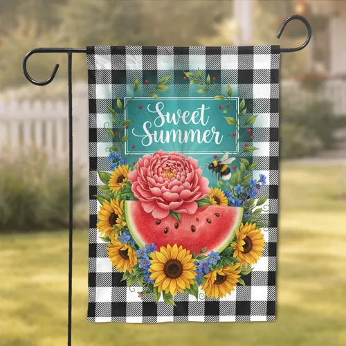 Watermelon Peony Bumblebee Sweet Summer Sunflowers Buffalo Plaid - Summer Home Decor Garden Flag