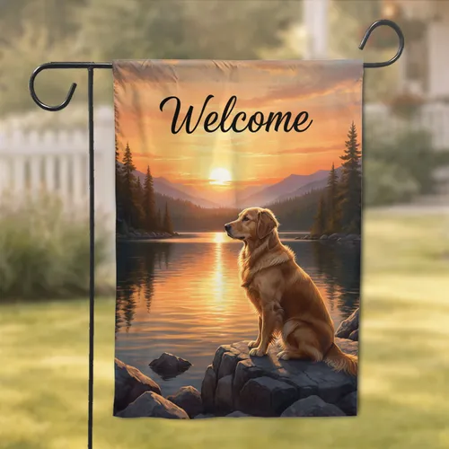 Welcome Golden Retriever Mountain Lake Sunset - Home Decor Gift Garden Flag