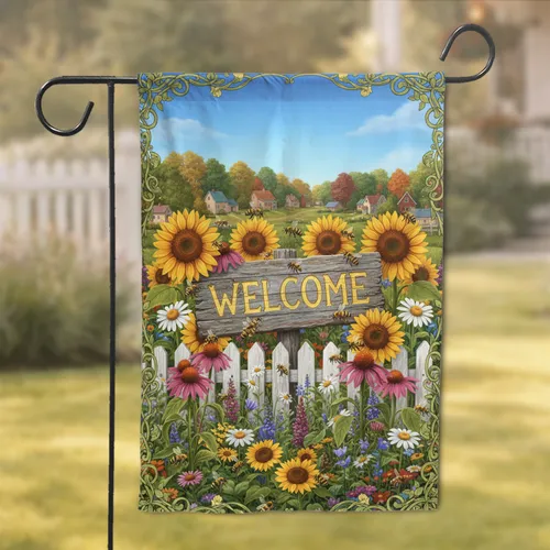 Rustic Welcome Sign Sunflower Bee - Farmhouse Home Decor Gift Garden Flag