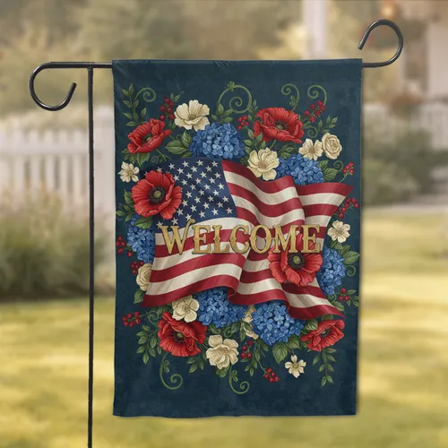 Welcome Patriotic American Flag Floral Tapestry - Home Decor Gift for Flag Lovers Garden Flag