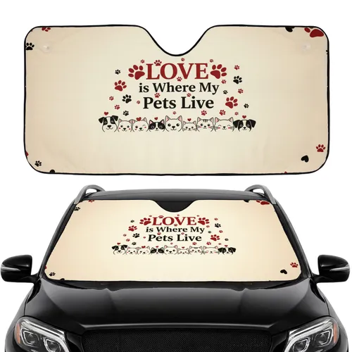 Love My Pets Paw Print Charming Dog Cat Faces Car Interior Upgrade for Pet Owners Car Sunshade