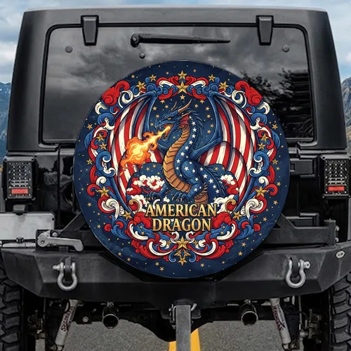 Fire Dragon American Flag Independence Day Gift for Veterans Spare Tire Cover