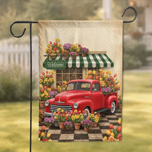 Vintage Red Pickup Truck Tulips Flowers Welcome Shop - Spring Garden Home Decor Gift Garden Flag