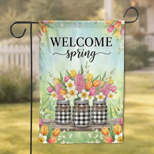 Buffalo Plaid Mason Jar Spring Flowers Welcome Sign - Rustic Wooden Plank Home Decor Gift Garden Flag