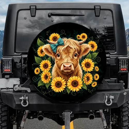 Highland Cow Teal Leopard Bow Sunflowers - Outdoor Adventure Cow Lover Gift Spare Tire Cover