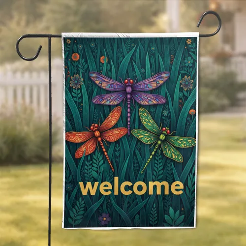 Intricate Dragonflies Welcome Message Dense Foliage - Home Decor Gift for Dragonfly Lovers Garden Flag