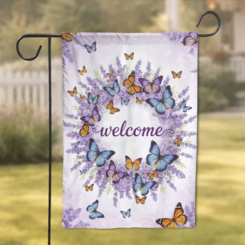 Welcome Script Butterflies Lavender Flowers - Home Decor Gift Garden Flag