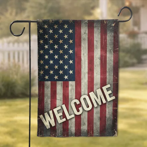 Distressed American Flag Welcome - Grunge Farmhouse Home Decor Gift Garden Flag