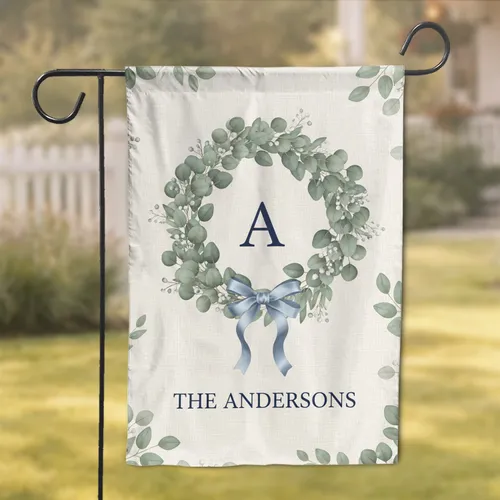 Eucalyptus Wreath Monogram Custom Name Andersons Family Home Decor Gift Garden Flag