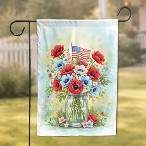 Patriotic Flowers American Flag Mason Jar - Independence Day Home Decor Gift Garden Flag