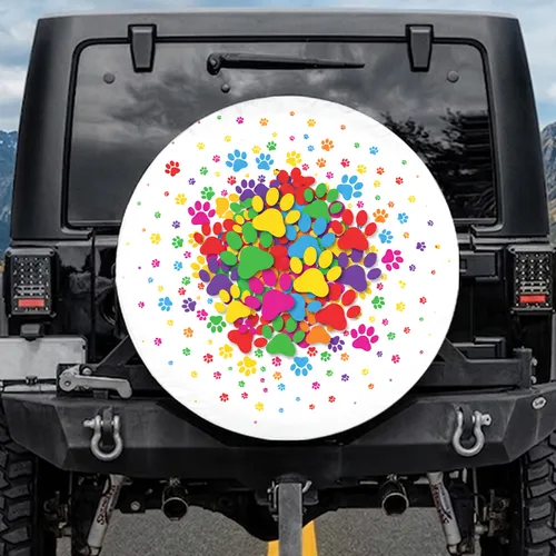 Dense Cluster Scattered Assorted Colors Paw Prints - Pet Owner Lifestyle Accessory Spare Tire Cover