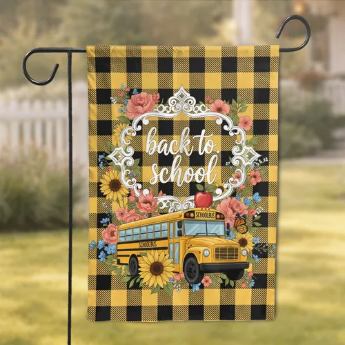 Yellow School Bus Back to School Buffalo Plaid - Fall Home Decor Garden Flag