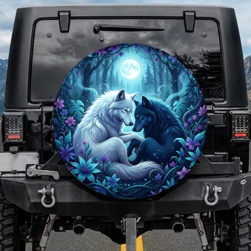 Glowing Fantasy Forest Wolves Jungle Flora Full Moon Night - Wildlife Home Decor Gift Spare Tire Cover