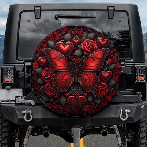 Scarlet Butterfly Deep Red Roses Ornate Hearts - Gothic Romantic Decor Gift Spare Tire Cover