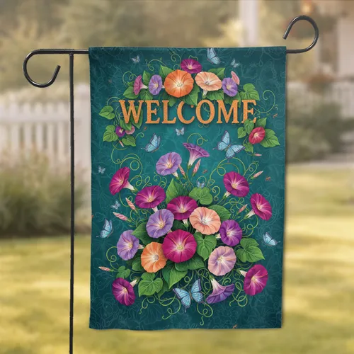 Morning Glory Butterflies Welcome Sign - Garden Home Decor Gift Garden Flag