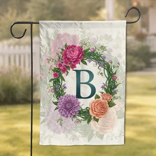Elegant Monogram Custom Text Lush Peonies Dahlias Roses Fuchsia Wreath - Home Decor Gift Garden Flag