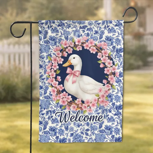 White Duck Pink Bow Sakura Wreath Welcome Chinoiserie Home Decor Gift Garden Flag