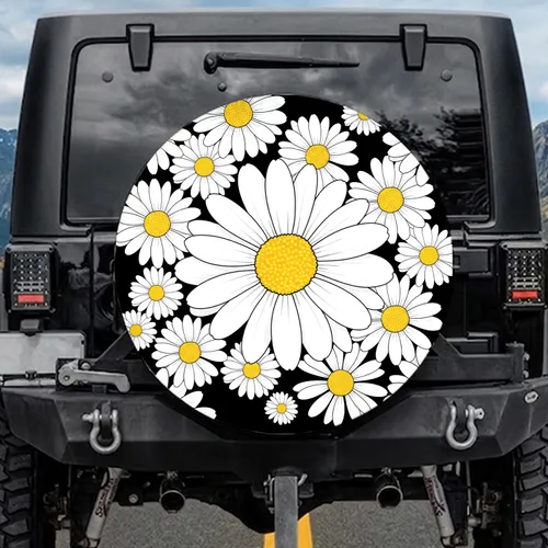 Black Field White Daisy Flower Cluster - Nature Lover Gift for Flower Lovers Spare Tire Cover