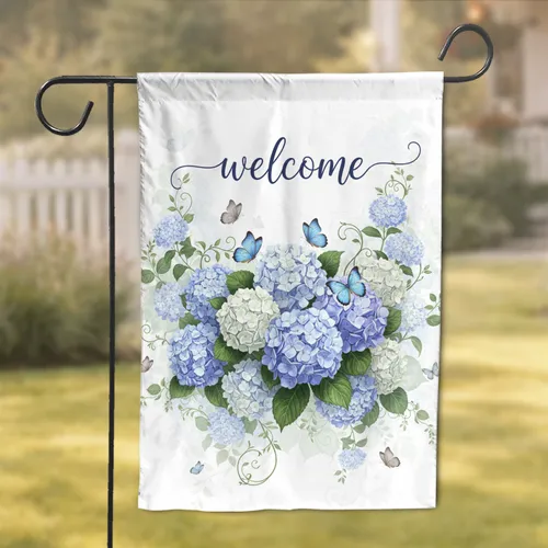 Lush Blue White Hydrangea Welcome Butterflies - Elegant Script Floral Home Decor Gift Garden Flag