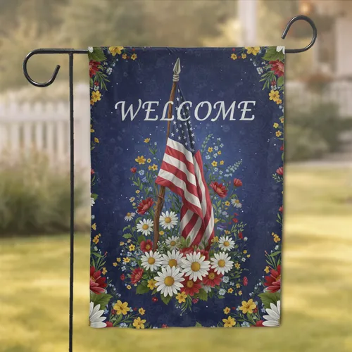 Patriotic Welcome American Flag Daisies Wildflowers - Rustic Home Decor Gift Garden Flag