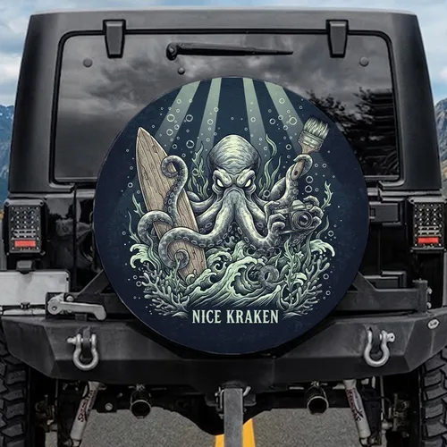 NICE KRAKEN Octopus Surfboard Paintbrush Camera Creature - Ocean Life Adventure Gift Spare Tire Cover