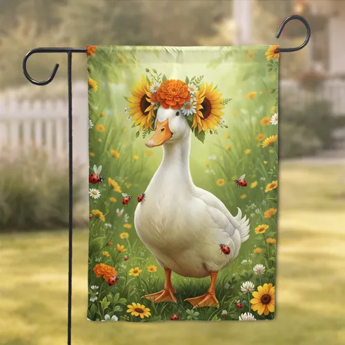 White Duck Flower Crown Wildflower Meadow - Home Decor Gift for Duck Lover Garden Flag