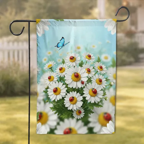 White Daisies Ladybugs Butterfly - Nature Lover Home Decor Gift Garden Flag