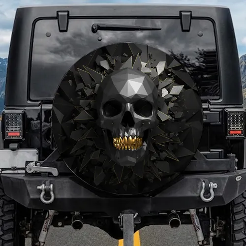 Skull Facets Shattered Fragments Crystalline Wireframe - Car Accessory Gift for Drivers Spare Tire Cover