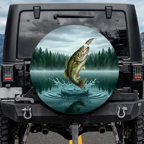 Largemouth Bass Leaping Lake Scene with Pine Trees - Fishing Enthusiast Gift for Fisherman Spare Tire Cover